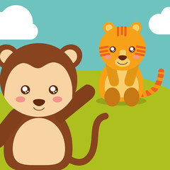 cute animals tiger sitting monkey waving hand character vector illustration