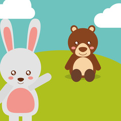 cute animals bear sitting rabbit waving hand character vector illustration