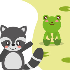 cute animals frog sitting raccoon waving hand character vector illustration