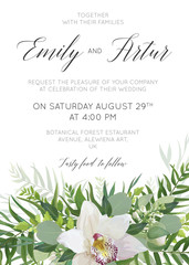 Wedding invitation, save the date card design with elegant white orchid flowers, greenery willow eucalyptus branches, tropical forest palm green leaves decoration. Beautiful, cute trendy vector layout