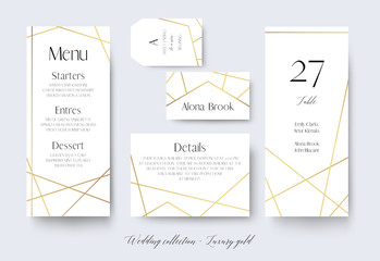 Wedding menu, label, details, place, table number cards delicate design with golden foil graphic stripes & geometrical frame. Vintage art geometrical decor. Elegant, trendy, luxury vector collection