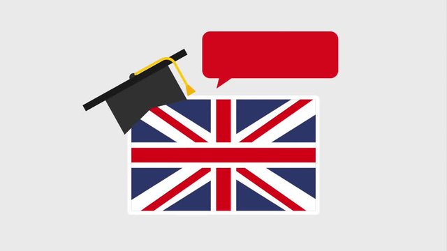 england flag graduation hat and speech bubble learn english online animation