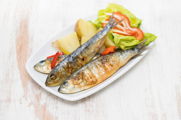 grilled sardines with boiled potato and salad on white plate