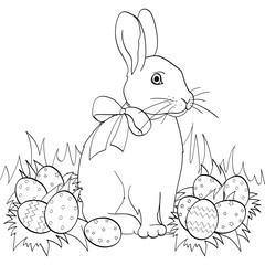 Easter bunny on green grass, Easter eggs. Children coloring book. Black lines, white background