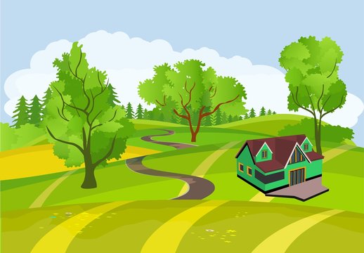 Countryside view vector illustration, isometric house in the green hills, outdoor concept, nature landscape