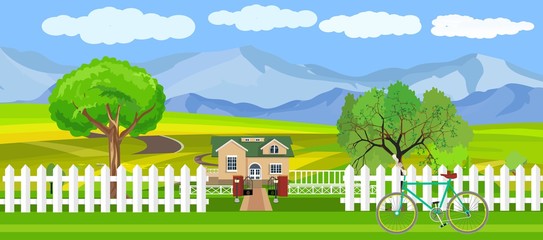 Countryside view vector illustration, house in the green hills, outdoor concept, nature landscape