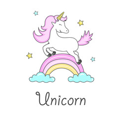 Card with a cute unicorn rainbow in the clouds on white background. Vector illustration.