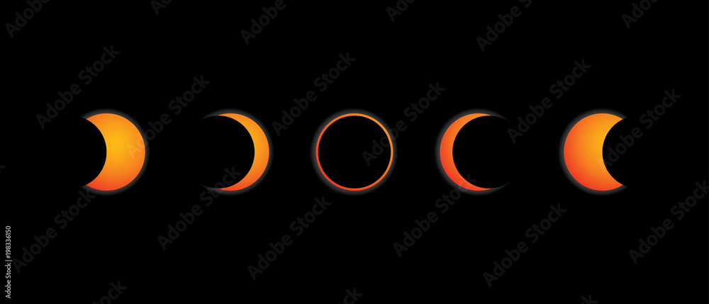 Wall mural sequence in 5 steps of an solar annular eclipse on black background. vector image