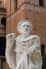 Obraz premium Saint Bernardo Tolomei statue in Romanesque Abbazia territoriale di Monte Oliveto Maggiore in Tuscany, Italy