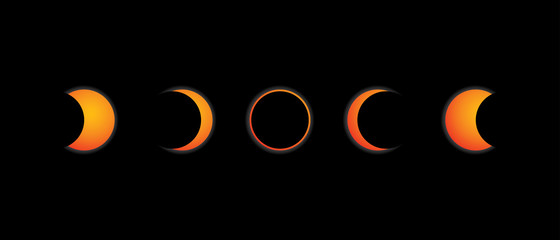 Sequence in 5 steps of an solar annular eclipse on black background. Vector image - obrazy, fototapety, plakaty