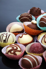 a lot of variety chocolate pralines, belgian confectionery gourmet chocolate.