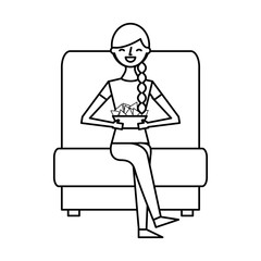 woman watching movie in cinema and eating snacks vector illustration design