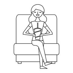 woman watching movie in cinema and eating snacks vector illustration design