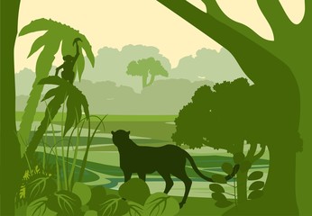 Wildlife vector silhouettes, jungle trees and leopards, panters silhouettes, wildlife concept