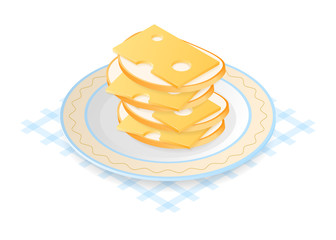 Flat isometric illustration of pile of cheese sandwiches on the dish. The sliced bread and cheese pieces on the plate, a stack of sandwiches. The ingestion, eating, breakfast, food vector concept.