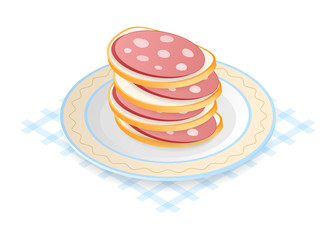 Flat isometric illustration of pile of sausage sandwiches on the dish. The sliced bread and sausage pieces on the plate, a stack of sandwiches. The ingestion, eating, breakfast, food vector concept.