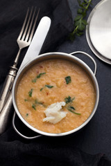 traditional portuguese dish bread with fish acorda on dish