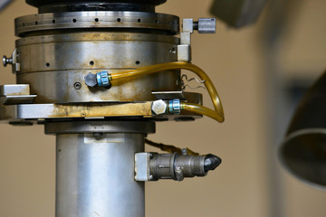 Hydraulics oil station on the machine tool on industrial equipment. Lubrication system with oil under pressure.