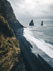 Birds eye perspective Black sand beach 
