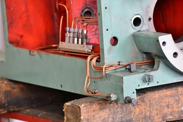Hydraulics oil station on the machine tool on industrial equipment. Lubrication system with oil...