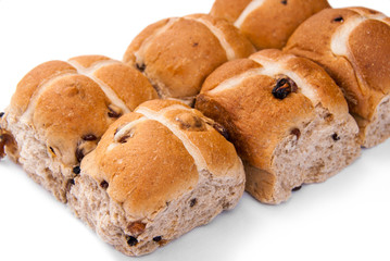 Freshly Baked Hot Cross Buns on White Background Isolated