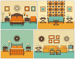 Room interiors. Vector. Linear living room and bedroom with furniture. Retro house scene. Flat line art style home illustration. Set outline sketch. Vintage design. Hotel background with bed and sofa.