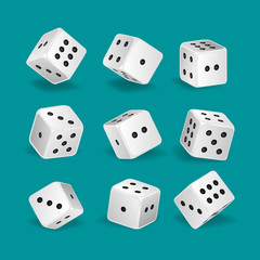 Set of realistic white game dice in different positions.