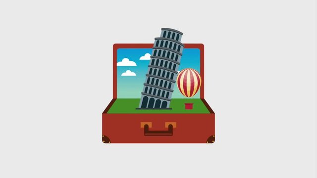opened vintage traveling suitcase tower pizza italy hot air balloons flying animation