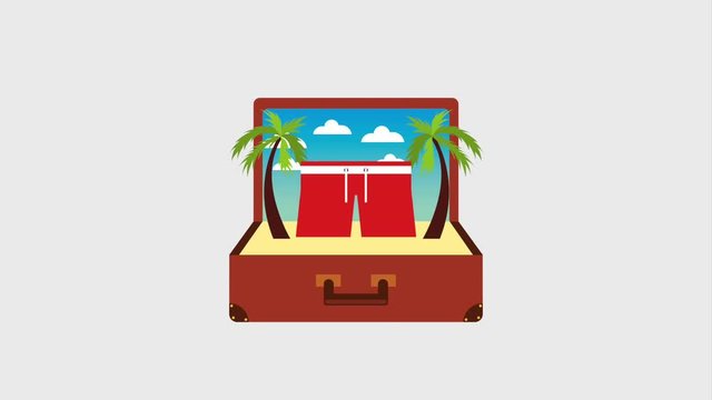 opened vintage traveling suitcase tropical beach snorkel mask sun blocker swimsuit short animation