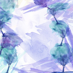 Watercolor blue, purple background, blot, blob, splash. Pink trees, spring, cherry blossom.Watercolor blue, purple   spot, abstraction. A beautiful, stylish postcard.  Wind, hurricane, bad weather