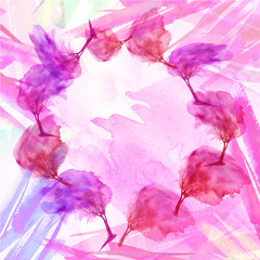 Watercolor pink background, blot, blob, splash. Pink trees, spring, cherry blossom.Watercolor pink, purple, spot, abstraction. A beautiful, stylish postcard, a card, with a place for your inscription.