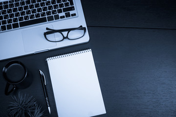 Office desk table with supplies. Top view. Copy space for text