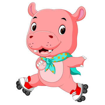 cute hippo playing roller skates