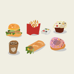 fast food colorful illustrations, set of meal
