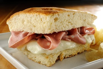 Focaccia Sandwich with ham and mozzarella
