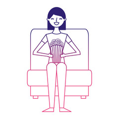 woman watching movie in cinema and eating snacks vector illustration design