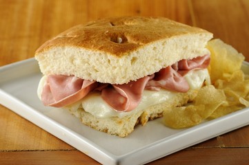 Focaccia Sandwich with ham and mozzarella