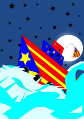 Barco con símbolos separatistas catalanistas se va a pique hundiéndose en el profundo mar bajo un cielo con luna llena y estrellado de luces negras