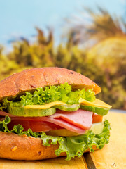 Healthy and delicious ham salad roll eaten outside