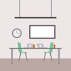 workspace interior - table chairs laptops board clock coffee cups vector illustration