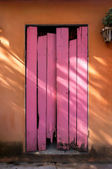 Old wooden pink door and the shadow of tree