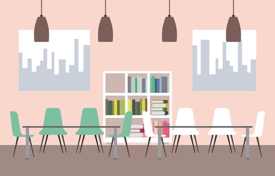 workspace interior - library shelfbook table chairs and windows vector illustration