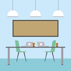 workspace interior - table chairs laptops board clock coffee cups ceiling lamps vector illustration