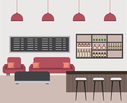 interior coffee shop bar counter sofa shelf bottle liquor beverage stools vector illustration