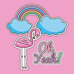 pink flamingo rainbow oh yeah words patch fashion vector illustration