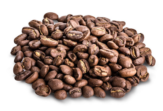 Roasted coffee beans isolated with shadow.