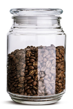 Glass jar with coffee beans isolated. Clipping path.