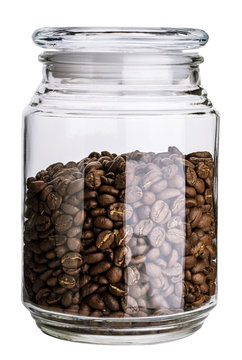 Glass jar with coffee beans isolated. Clipping path.