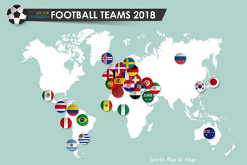 Soccer cup 2018 . Country flags of football teams on world map background . Vector for international world championship tournament 2018 concept . Flat design