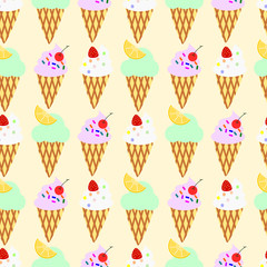 Seamless pattern vector of Ice cream cone. Ice cream flat illustration in pastel tone. Sweet and delicious dessert.